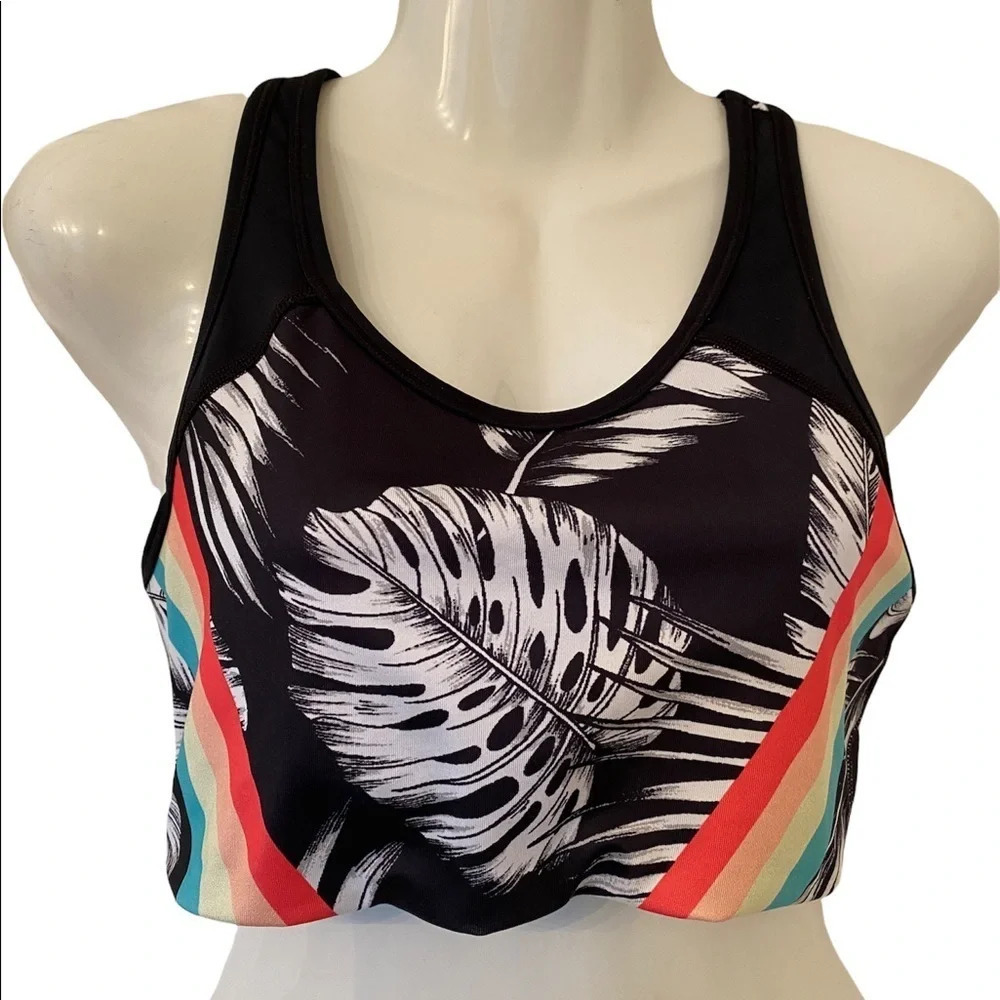 Pink Victoria’s Secret Stripe Black Palm Ultimate Racerback Sports Bra S…